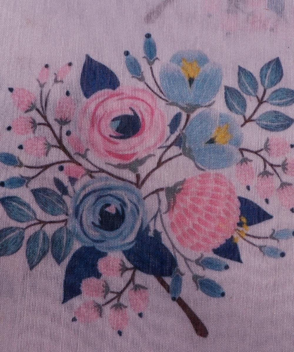 white and blue floral print chanderi fabric b124 5908