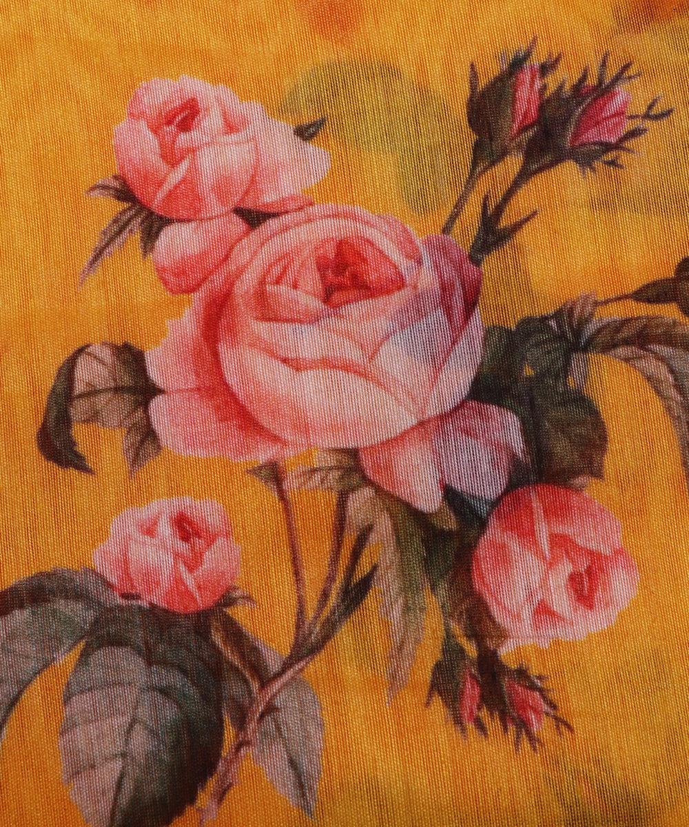 yellow and pink floral chanderi digital print fabric 1