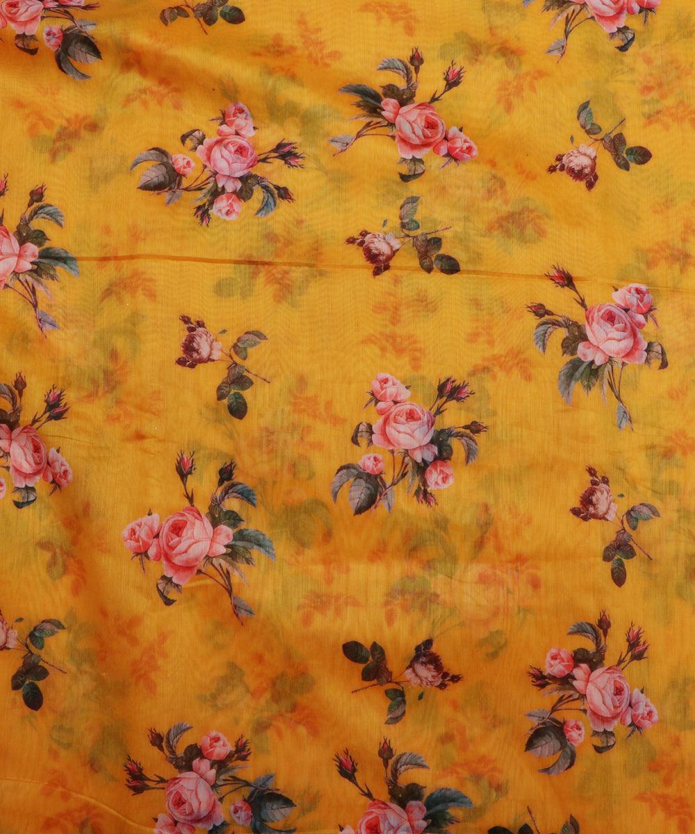 yellow and pink floral chanderi digital print fabric 1