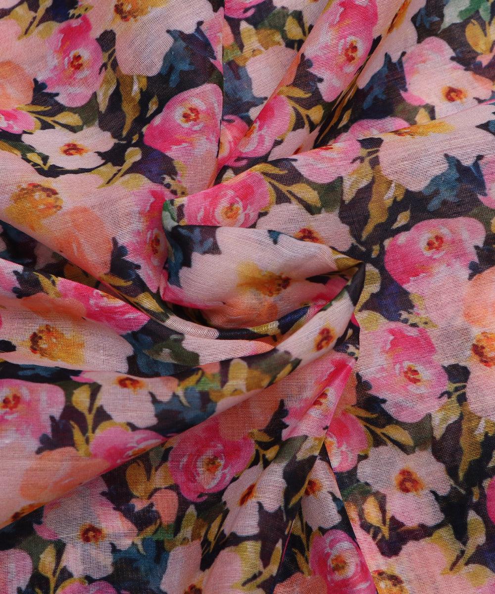 pink blue and mustard floral chanderi digital print fabric