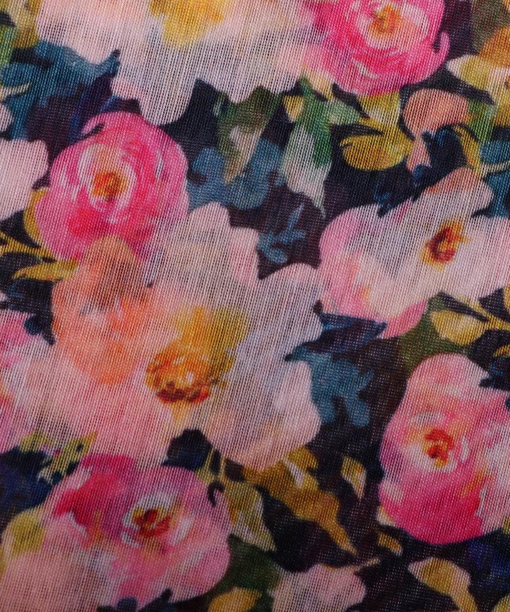 pink blue and mustard floral chanderi digital print fabric