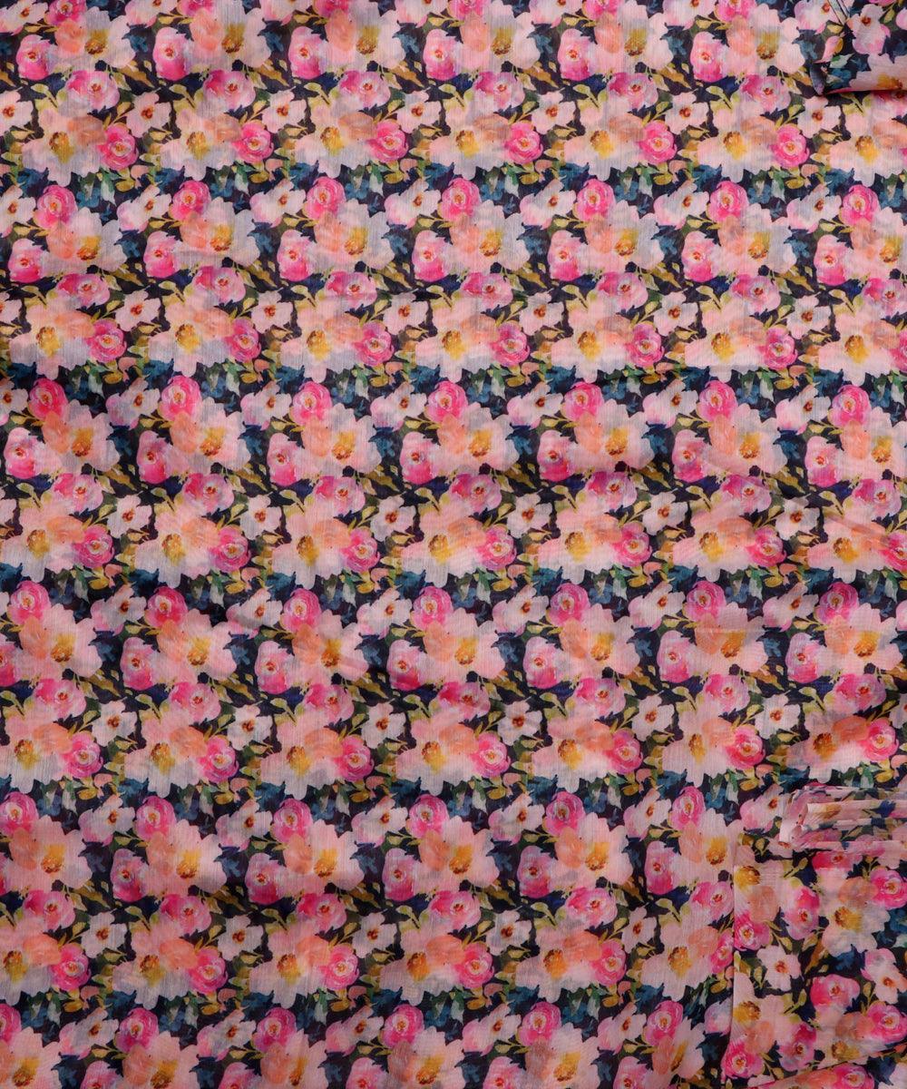 pink blue and mustard floral chanderi digital print fabric
