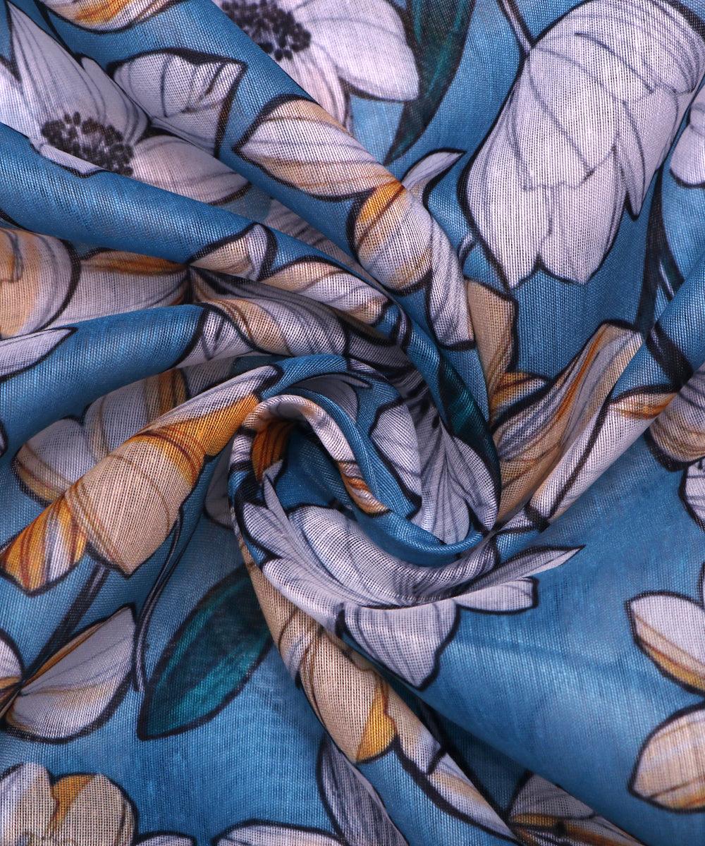 blue and white floral print modal chanderi fabric b124 5368