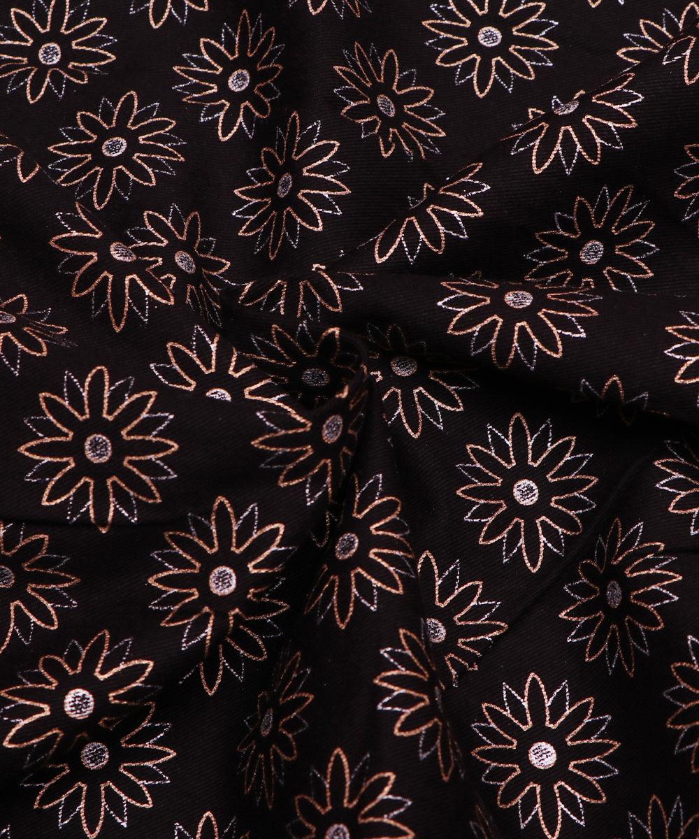 black and golden floral foil print denim fabric b108 6018