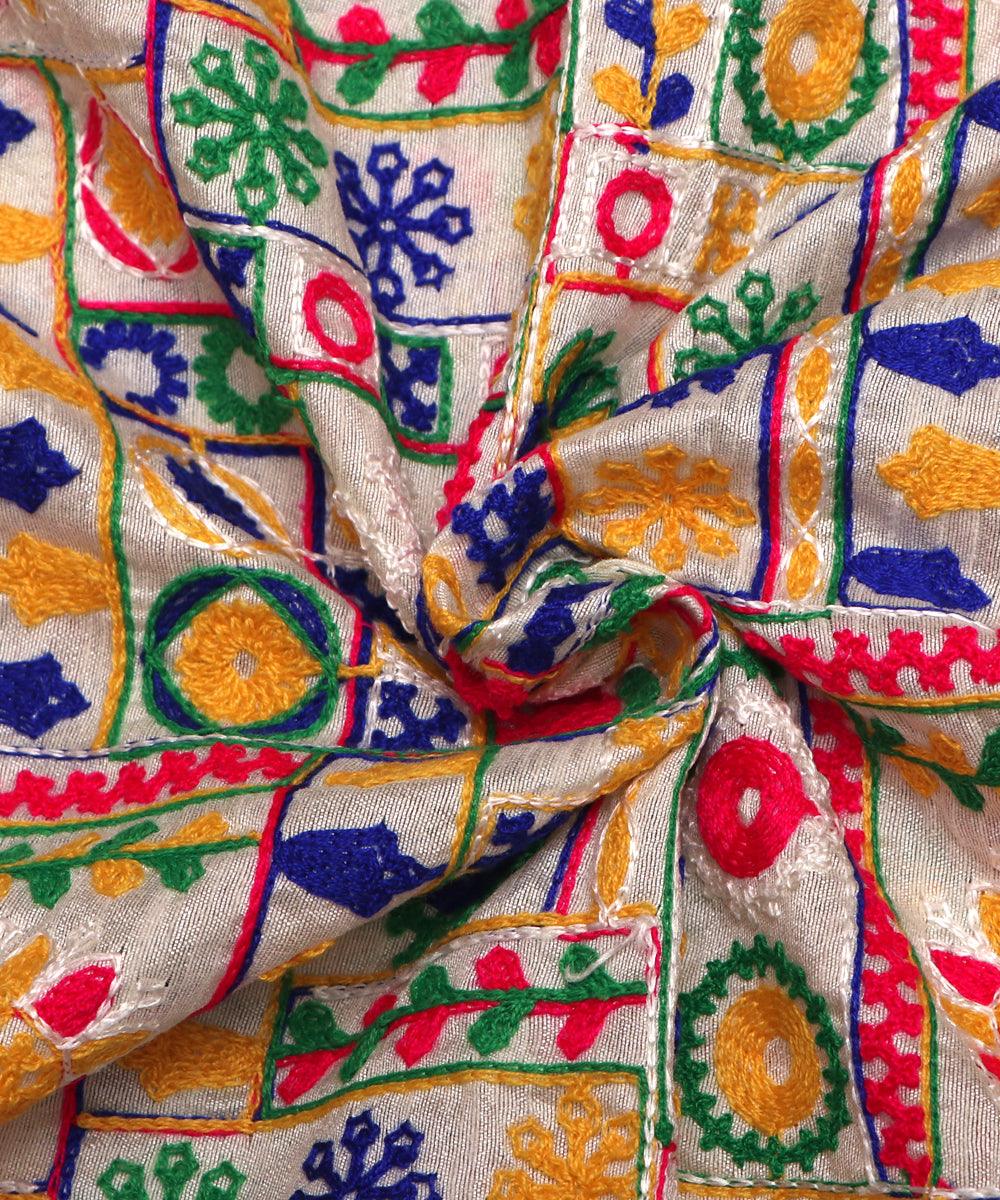 white and green raw silk embroidery fabric