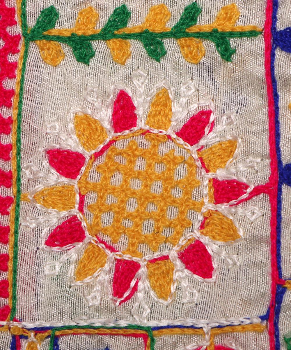 white and green raw silk embroidery fabric