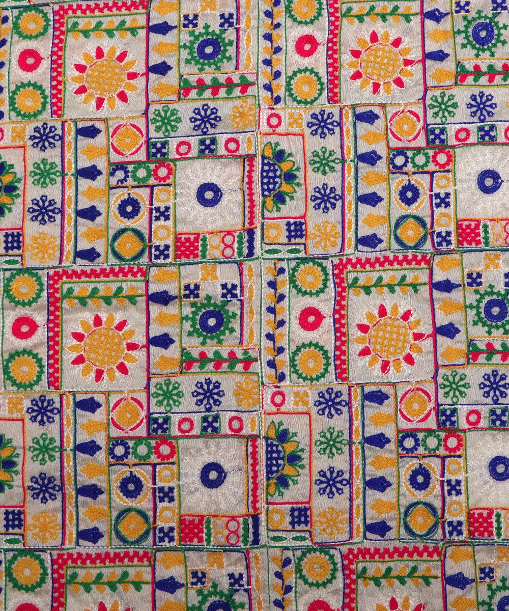 white and green raw silk embroidery fabric