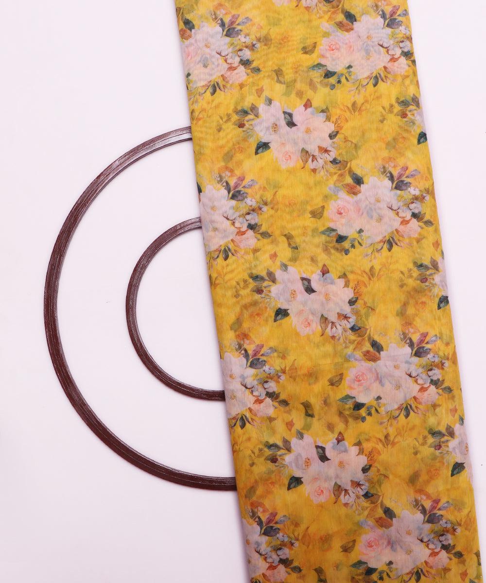 yellow and pink floral chanderi digital print fabric