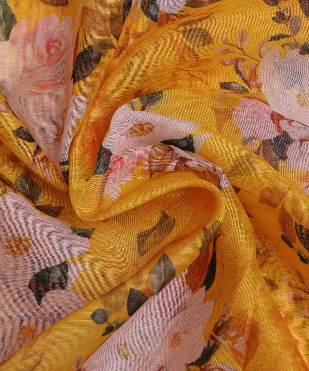 yellow and pink floral chanderi digital print fabric