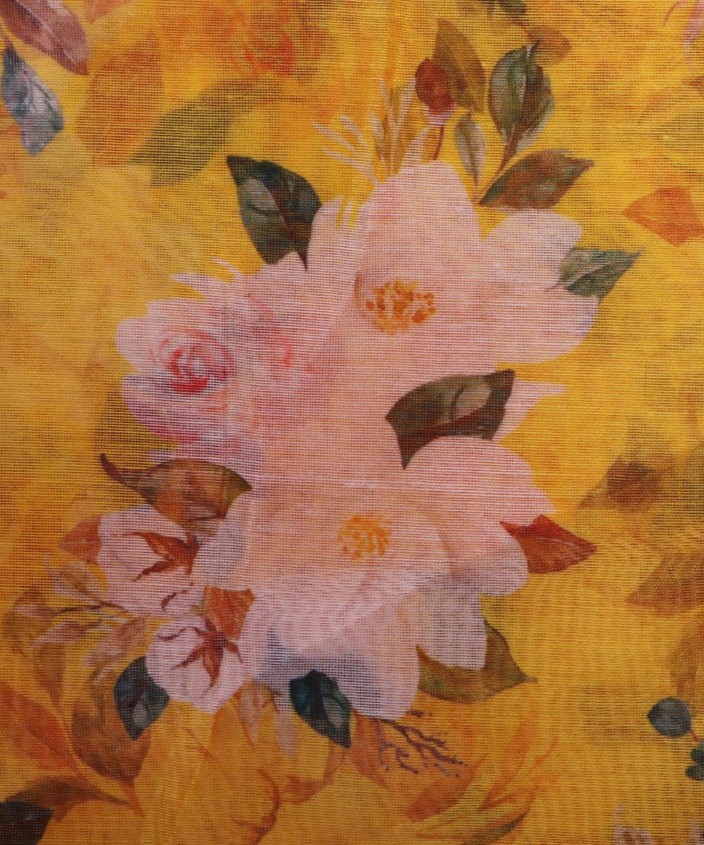 yellow and pink floral chanderi digital print fabric