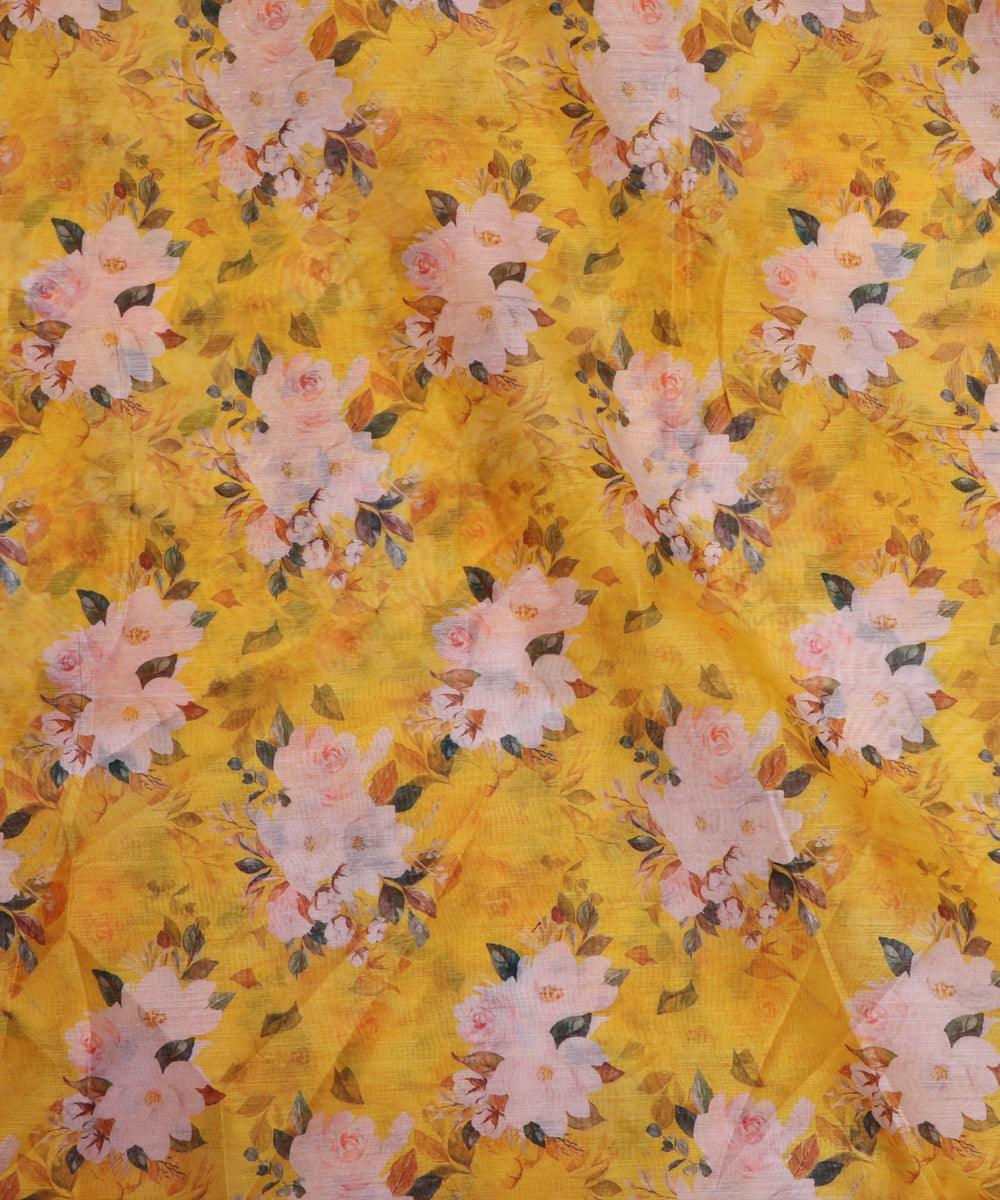 yellow and pink floral chanderi digital print fabric