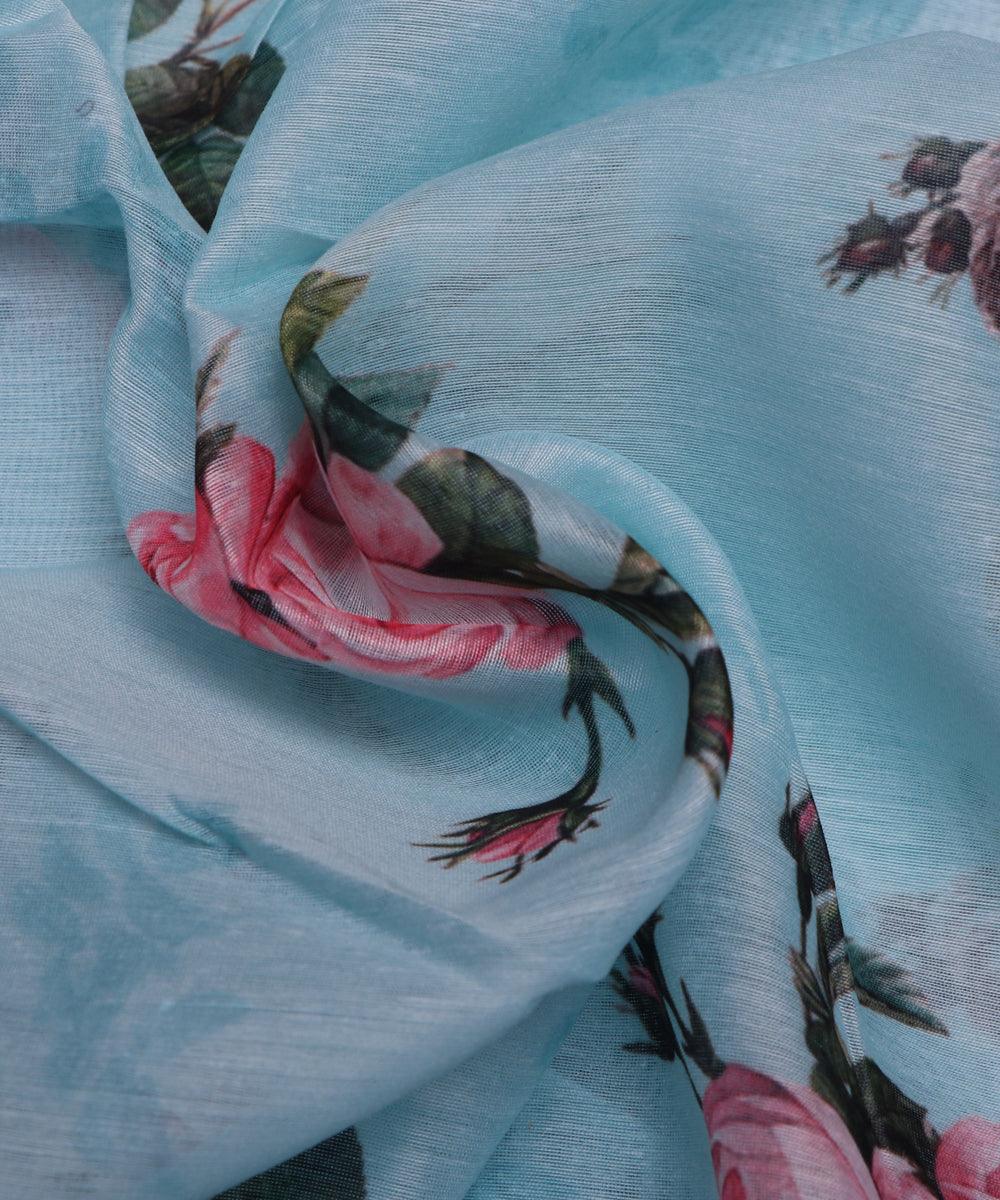 light blue and pink floral chanderi digital print fabric