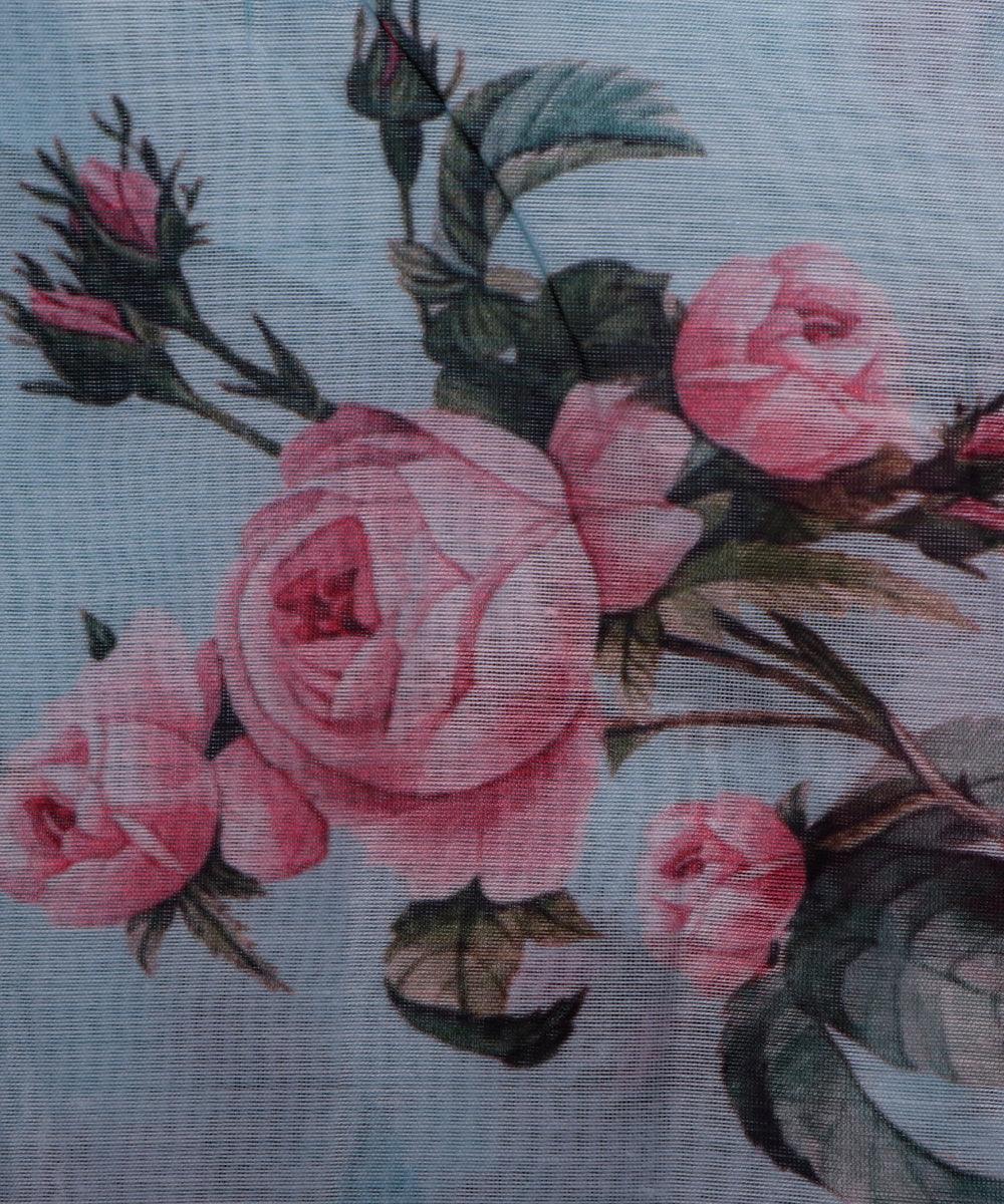 light blue and pink floral chanderi digital print fabric