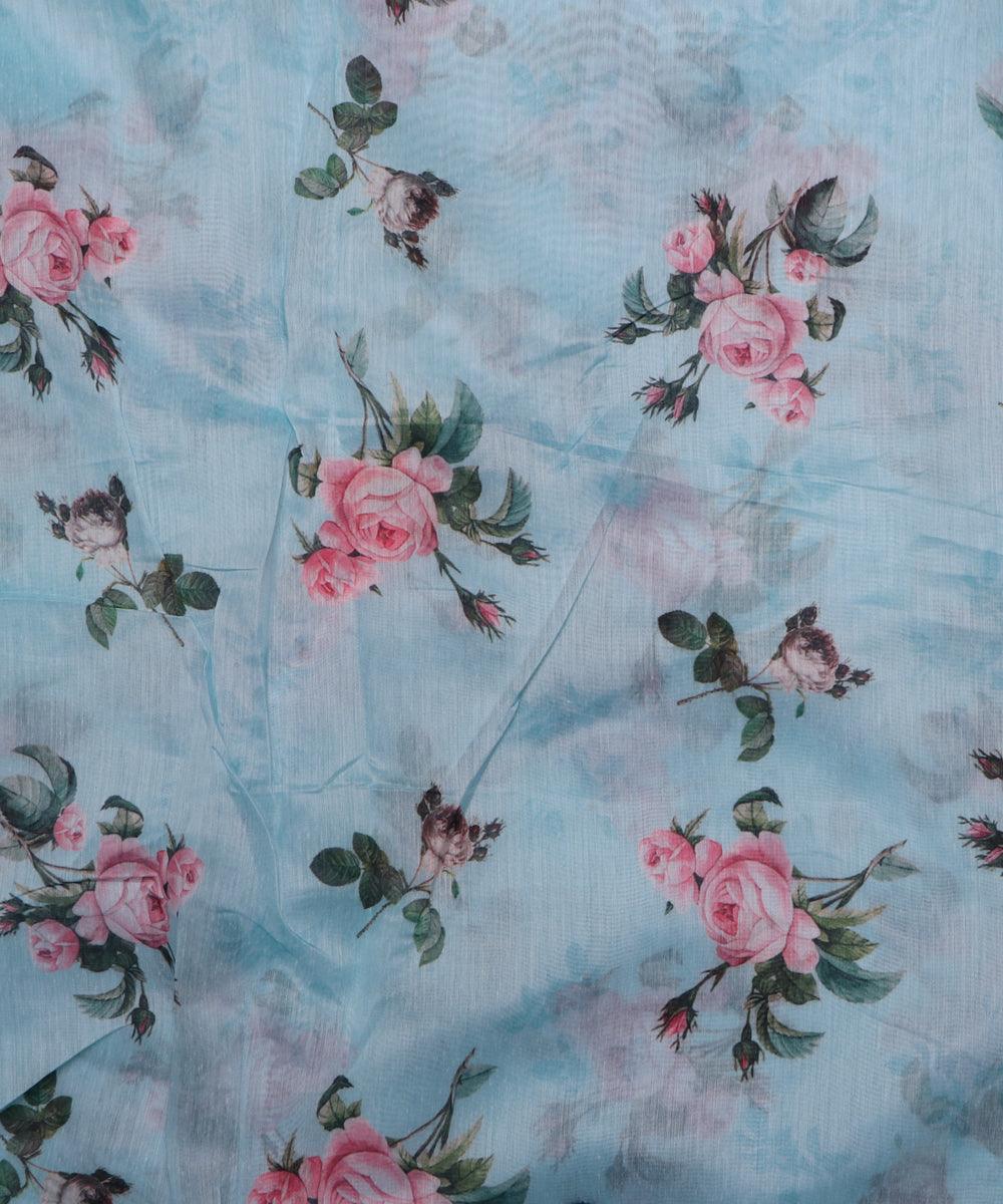 light blue and pink floral chanderi digital print fabric