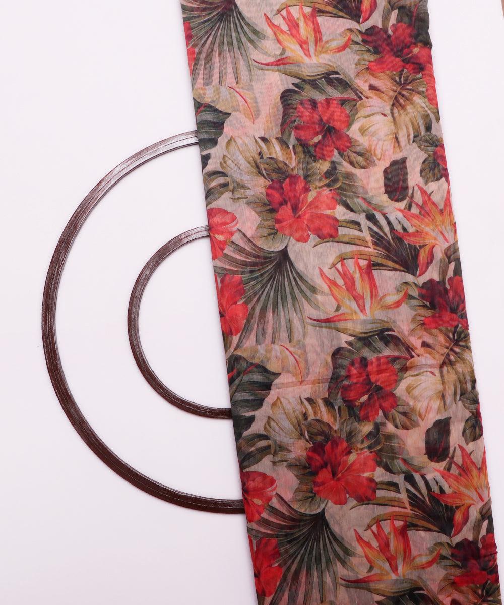 red off white and green floral chanderi digital print fabric