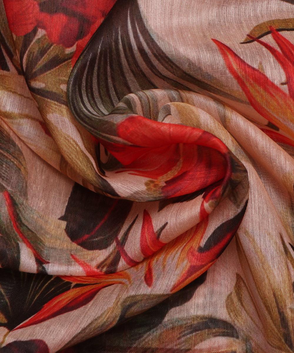 red off white and green floral chanderi digital print fabric