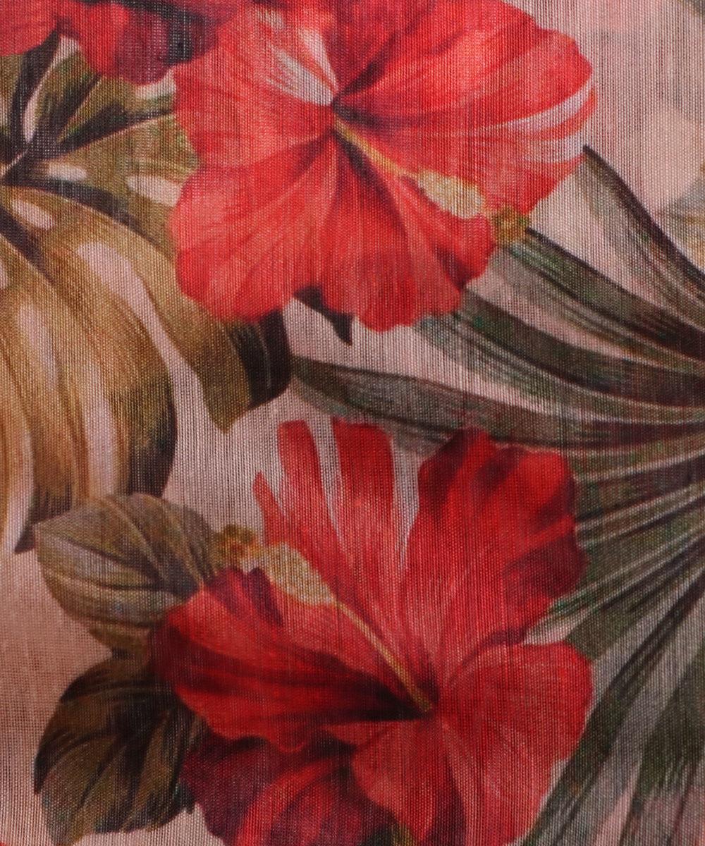 red off white and green floral chanderi digital print fabric