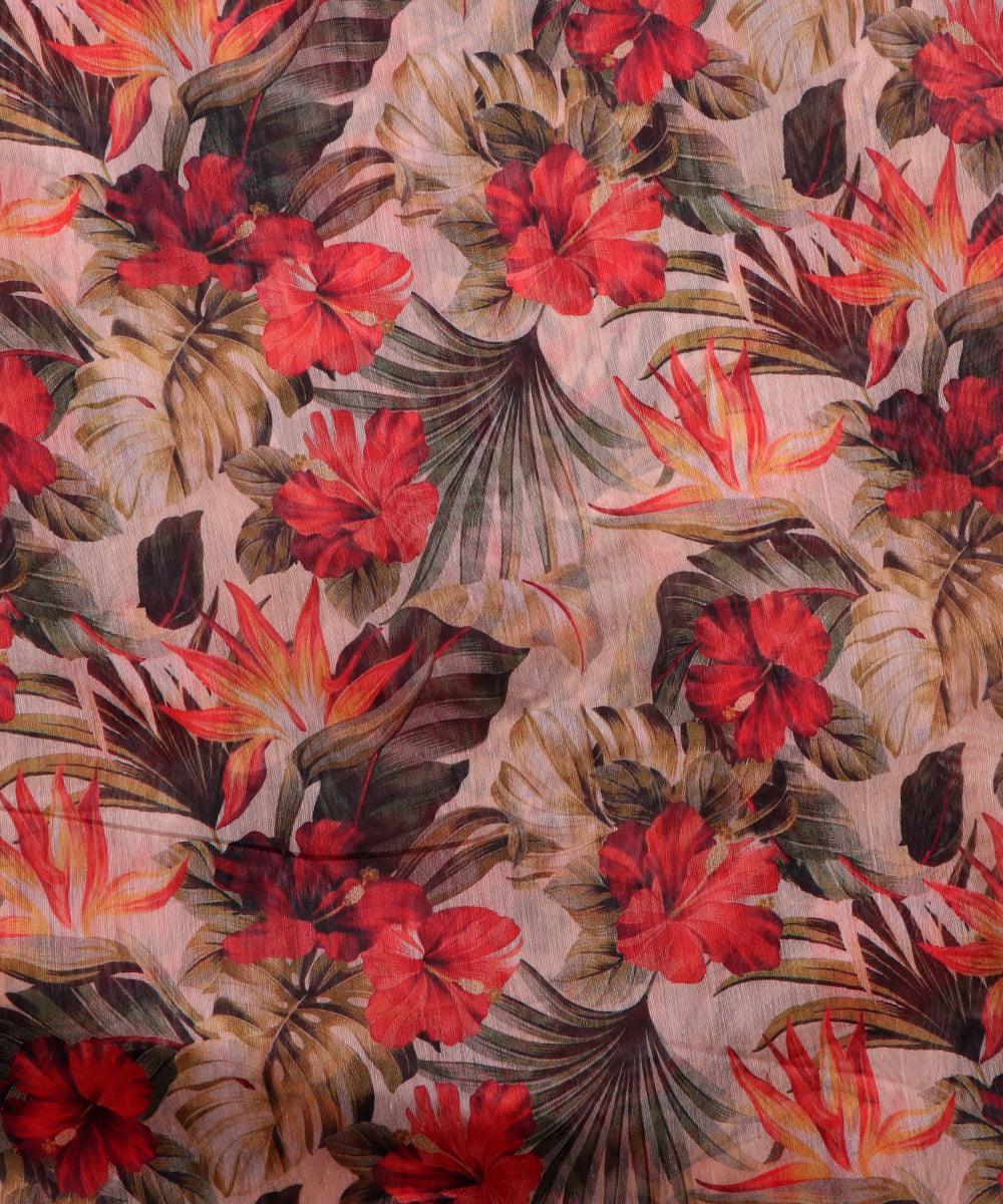 red off white and green floral chanderi digital print fabric