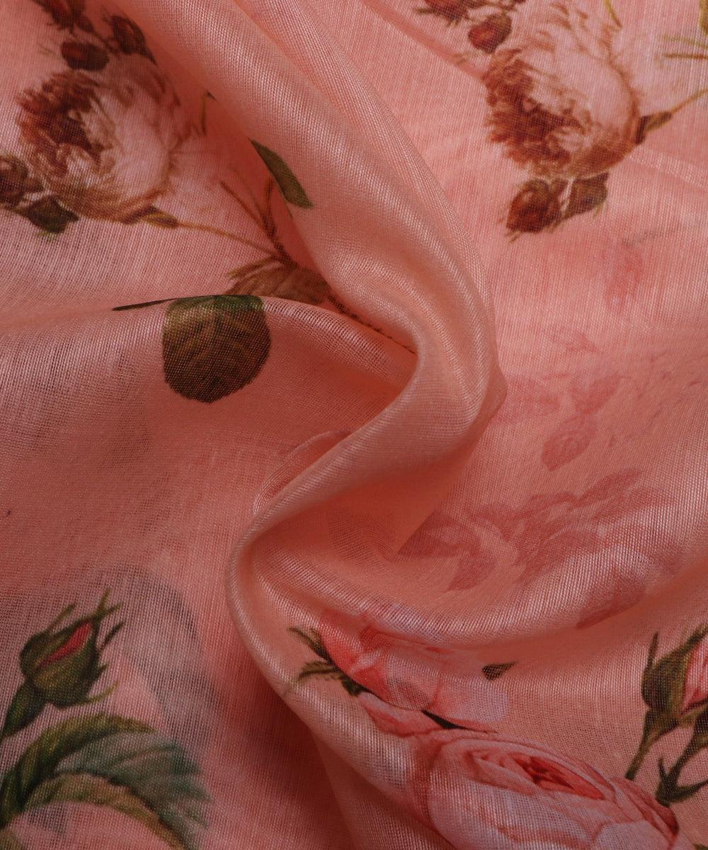 light peach and green floral chanderi digital print fabric