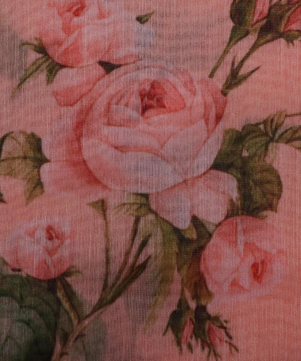 light peach and green floral chanderi digital print fabric