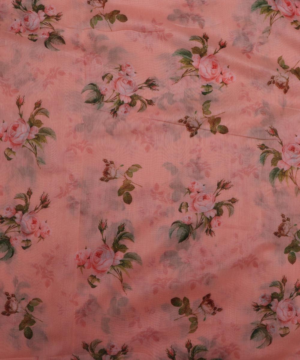 light peach and green floral chanderi digital print fabric