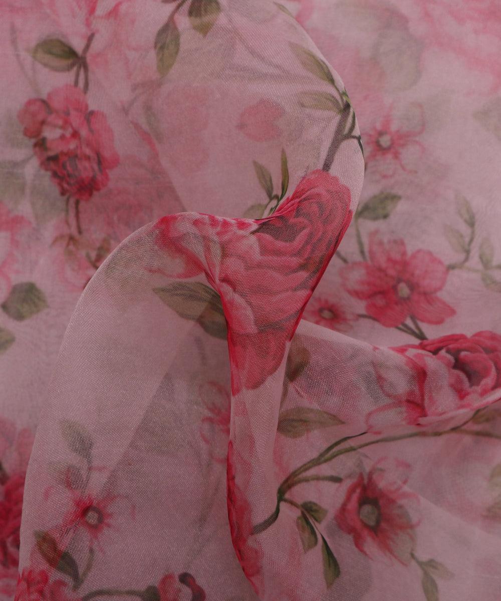 white and pink floral print organza fabric b130 6035