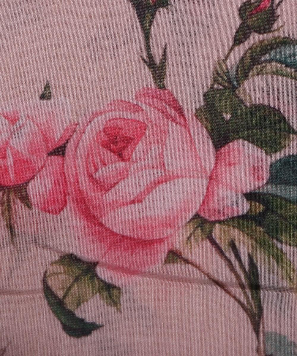 off white pink and green floral chanderi digital print fabric