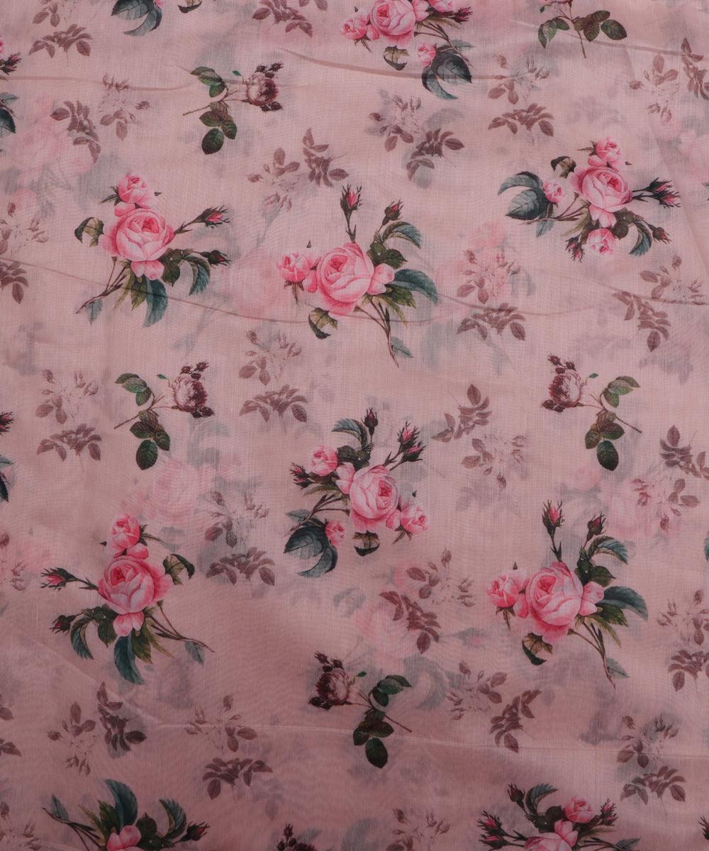 off white pink and green floral chanderi digital print fabric