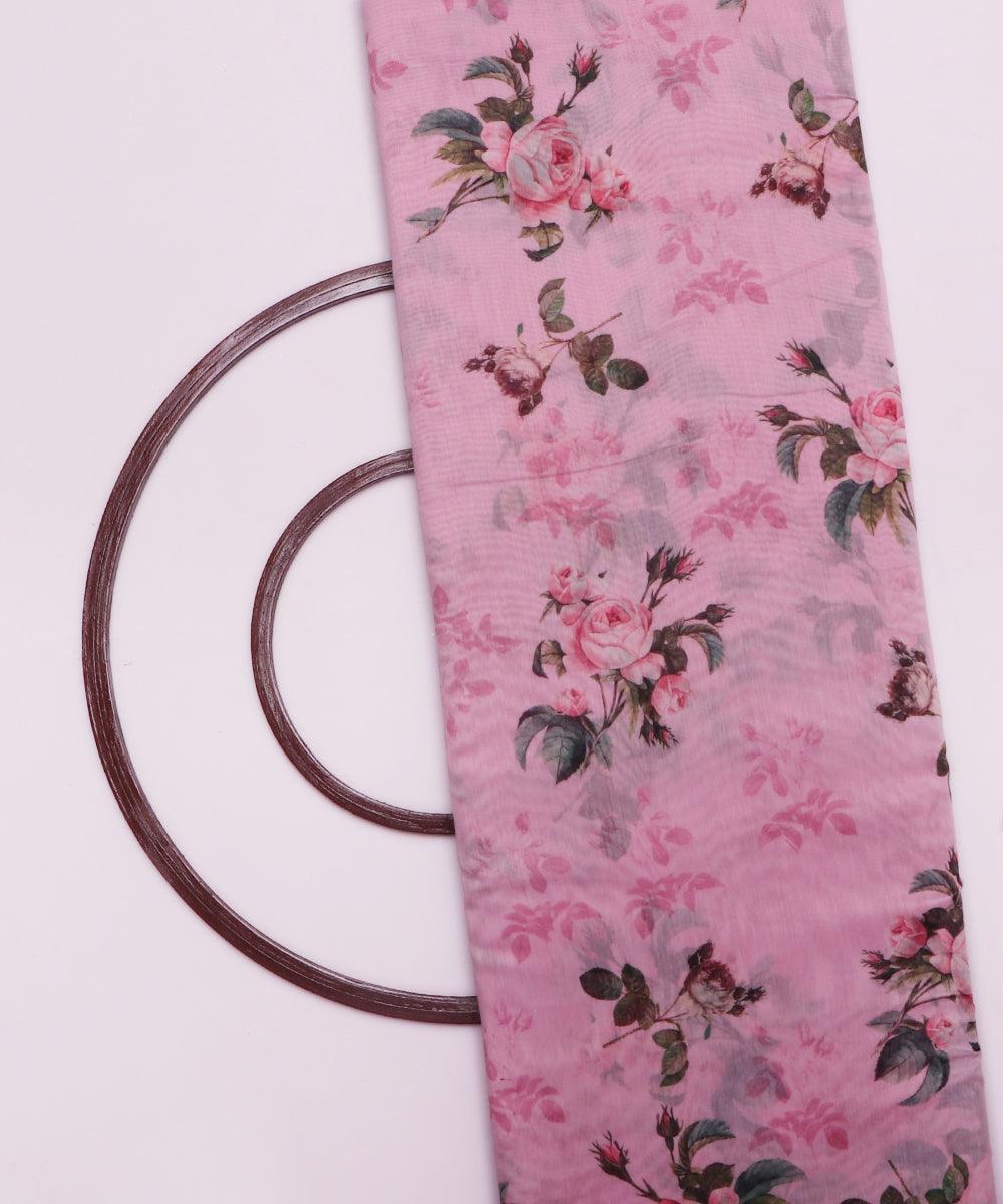 light pink and dark green floral chanderi digital print fabric