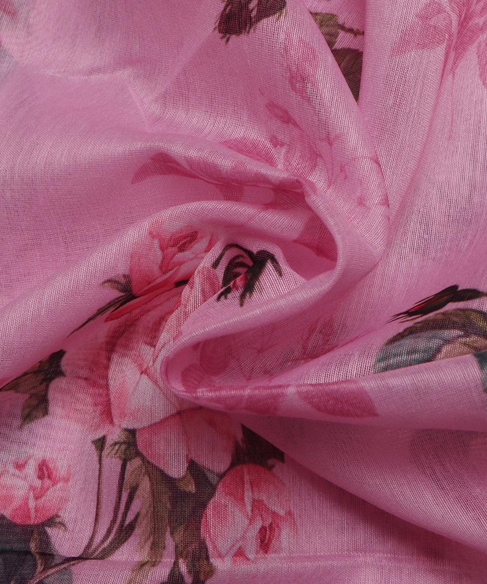 light pink and dark green floral chanderi digital print fabric