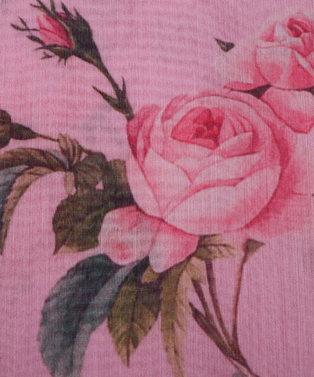 light pink and dark green floral chanderi digital print fabric