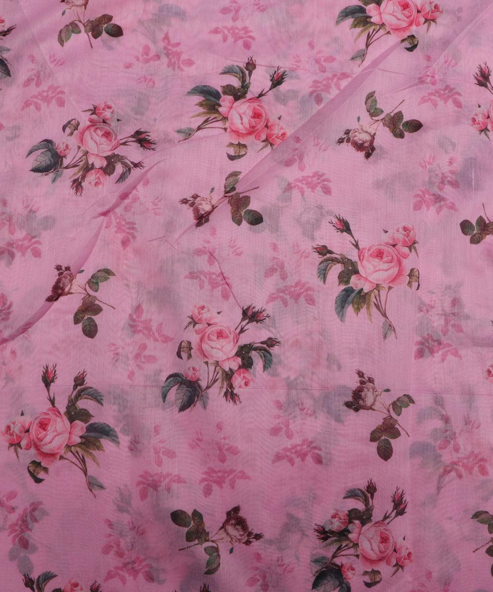 light pink and dark green floral chanderi digital print fabric