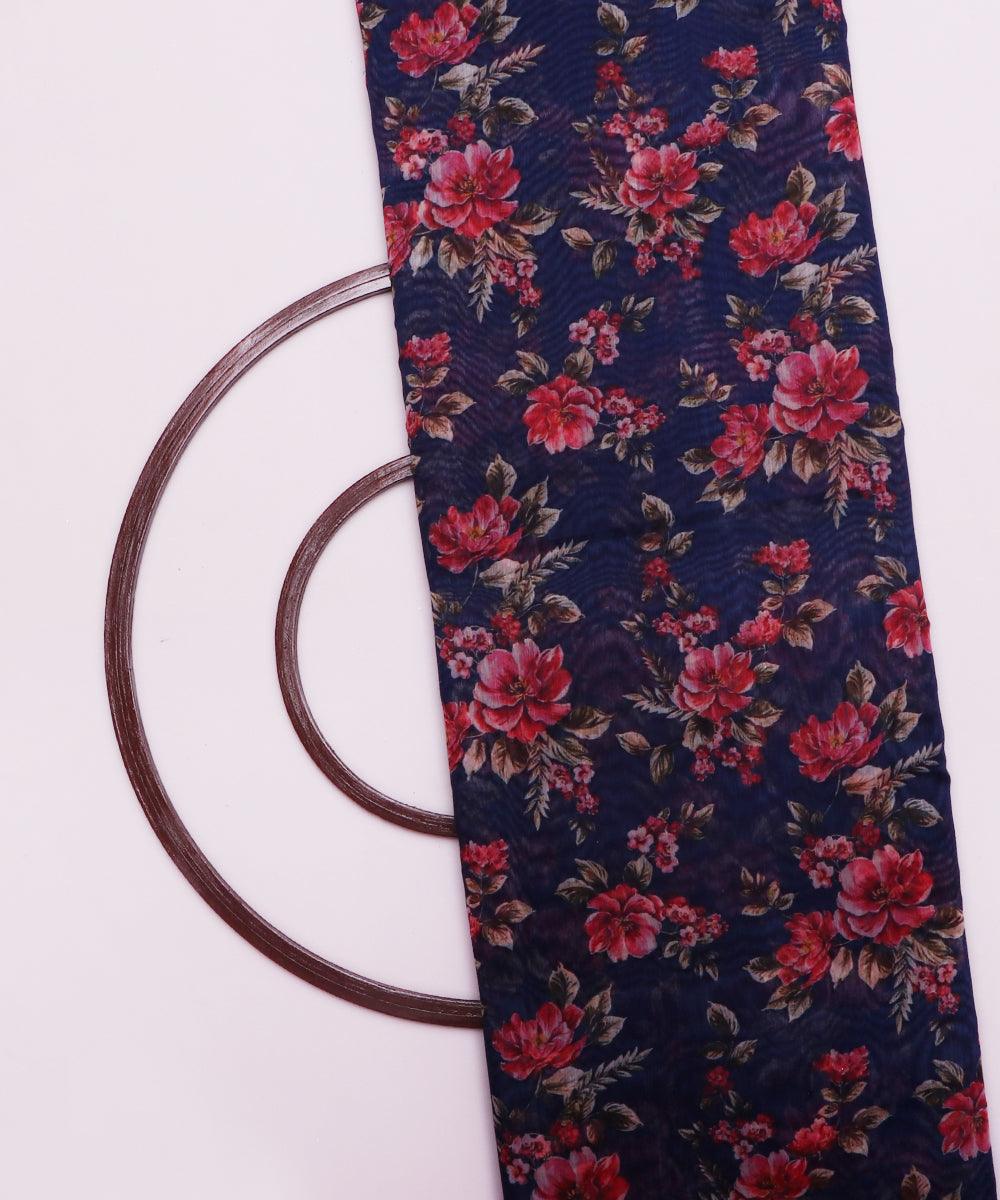 ink blue and pink floral chanderi digital print fabric
