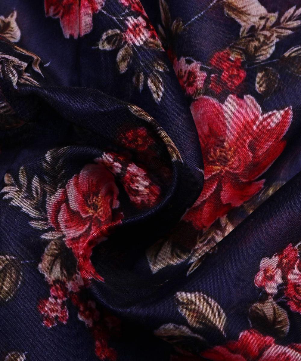 ink blue and pink floral chanderi digital print fabric
