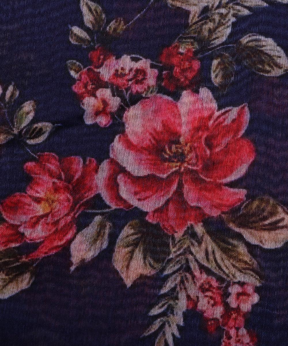 ink blue and pink floral chanderi digital print fabric