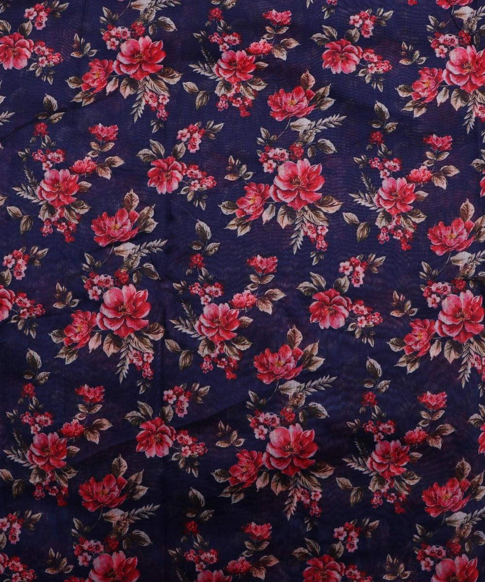 ink blue and pink floral chanderi digital print fabric