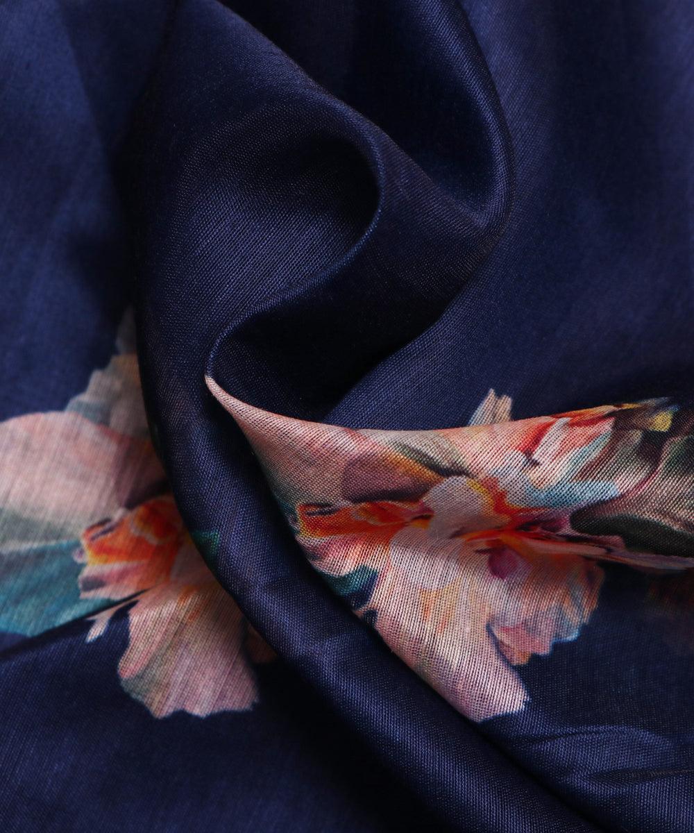 ink blue and off white floral chanderi digital print fabric