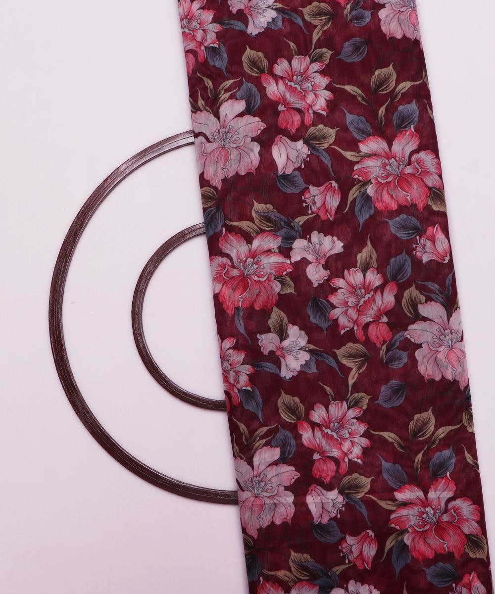 dark maroon and pink floral chanderi digital print fabric