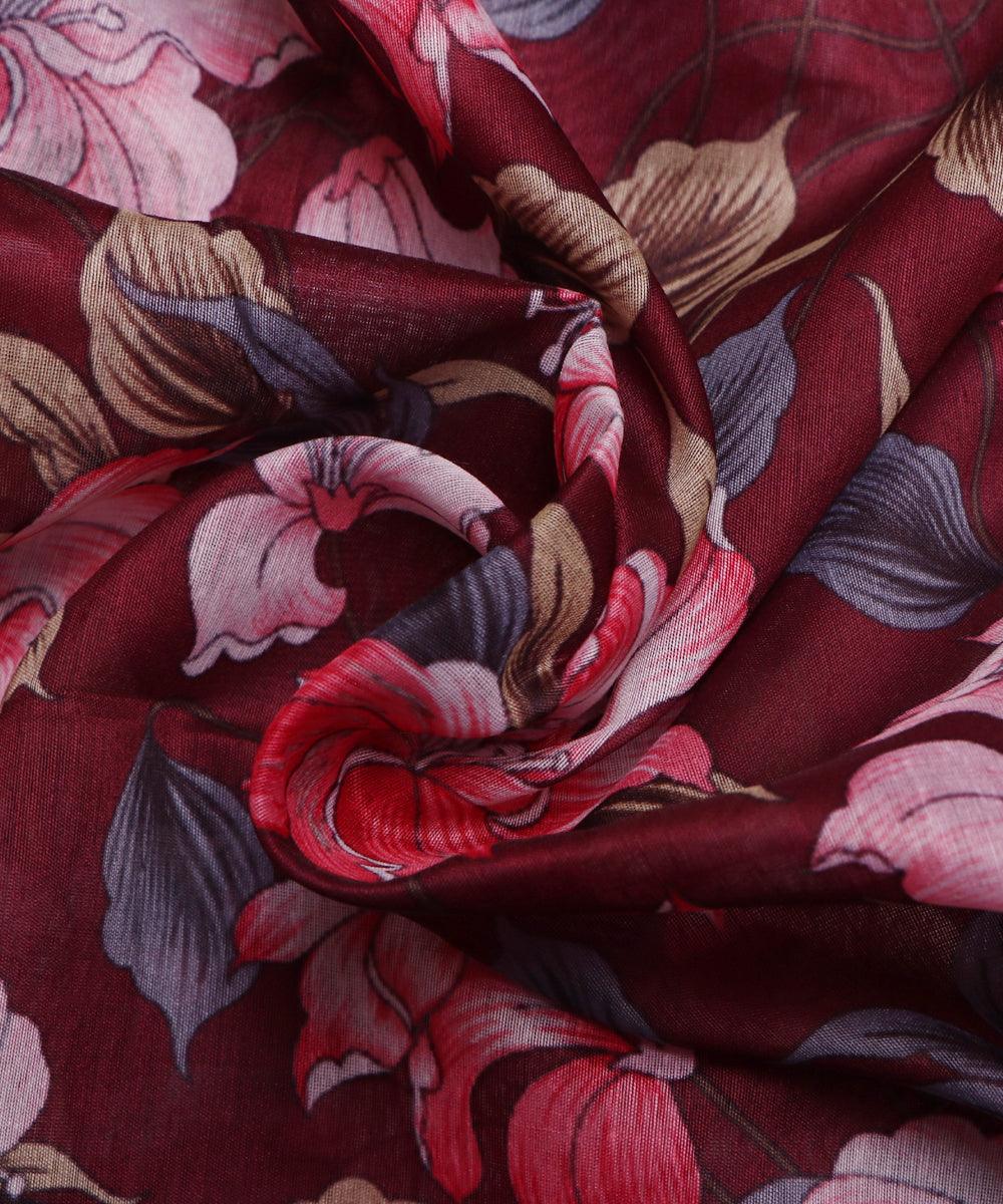 dark maroon and pink floral chanderi digital print fabric