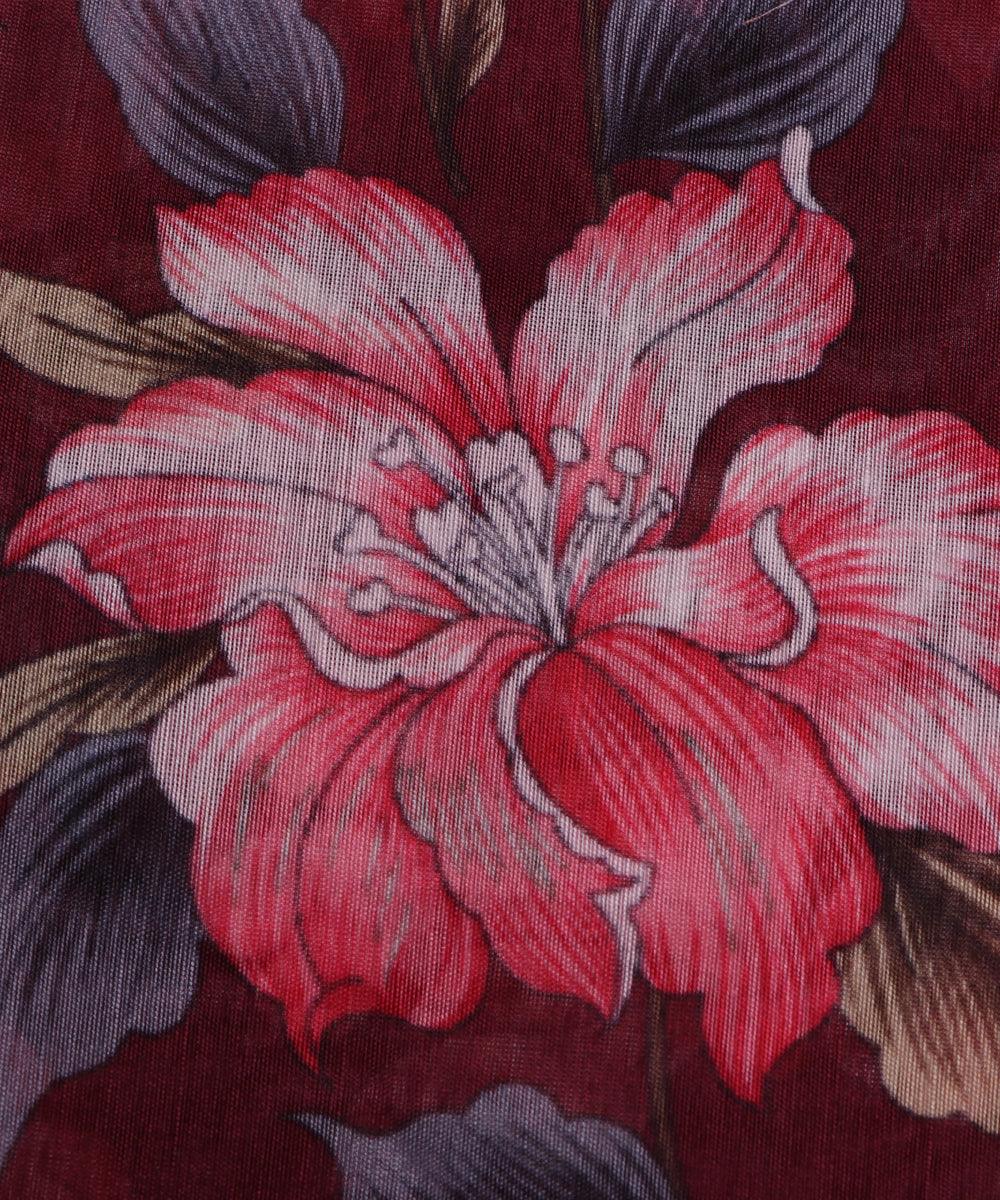 dark maroon and pink floral chanderi digital print fabric