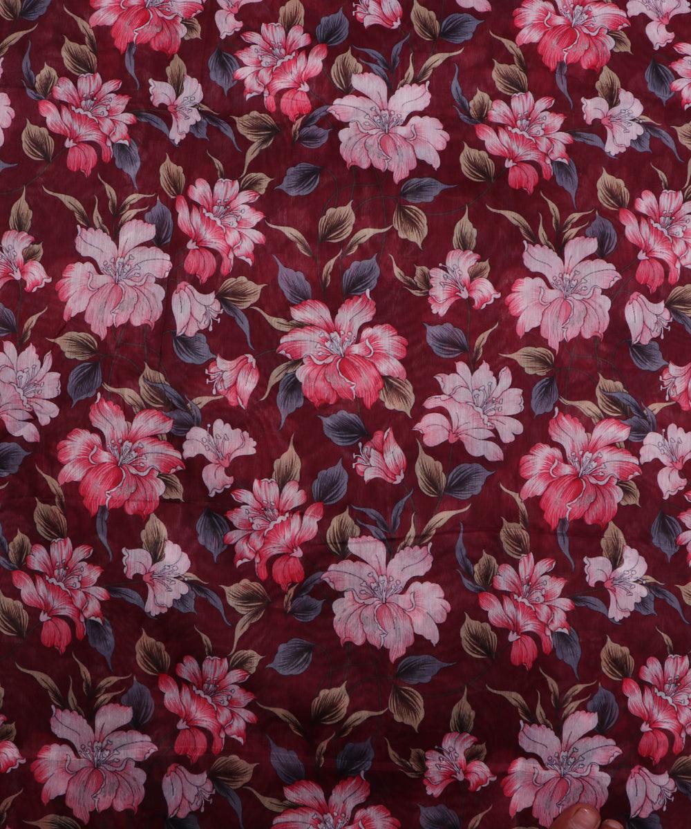 dark maroon and pink floral chanderi digital print fabric