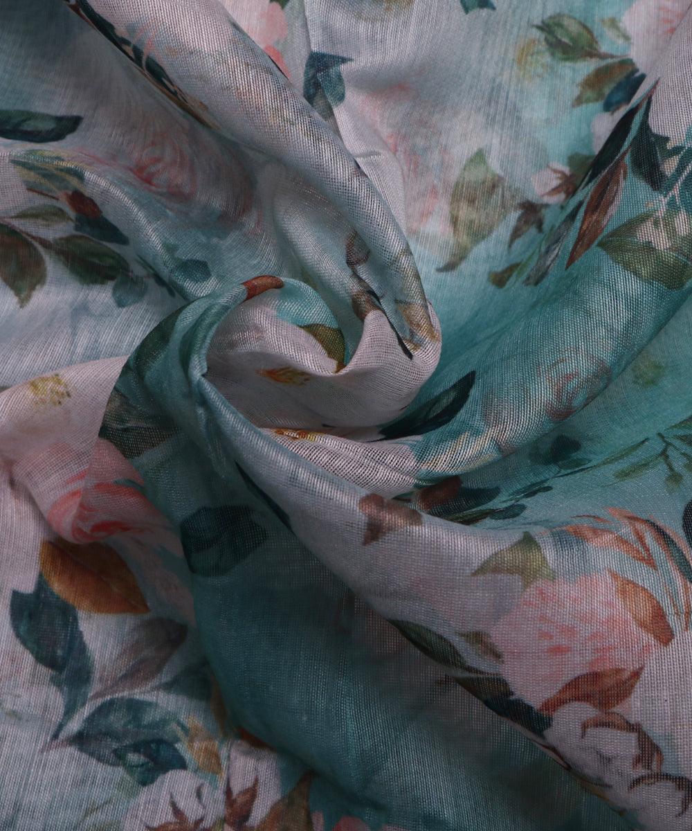 light blue and light pink floral chanderi digital print fabric