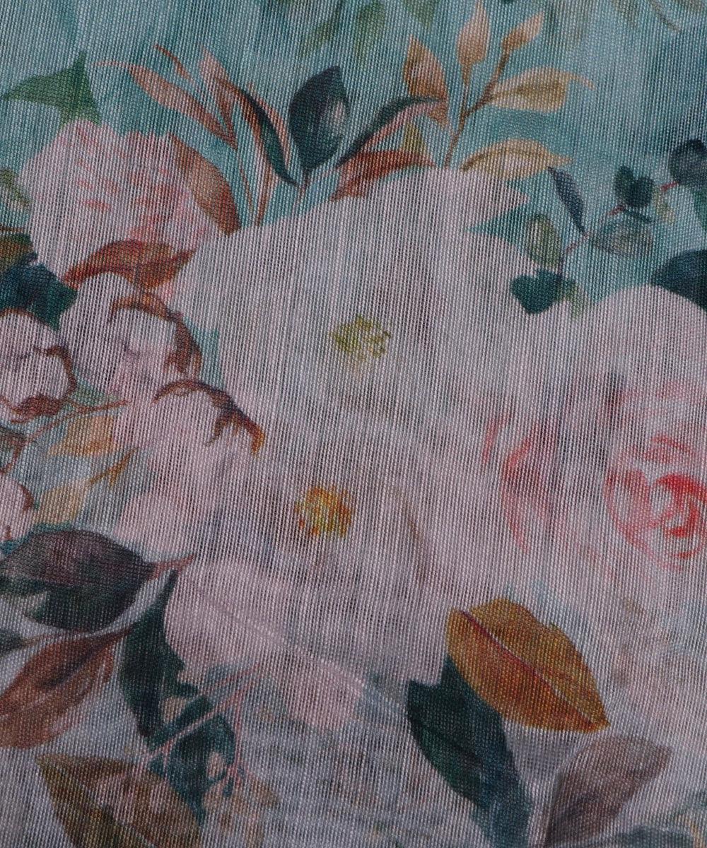 light blue and light pink floral chanderi digital print fabric
