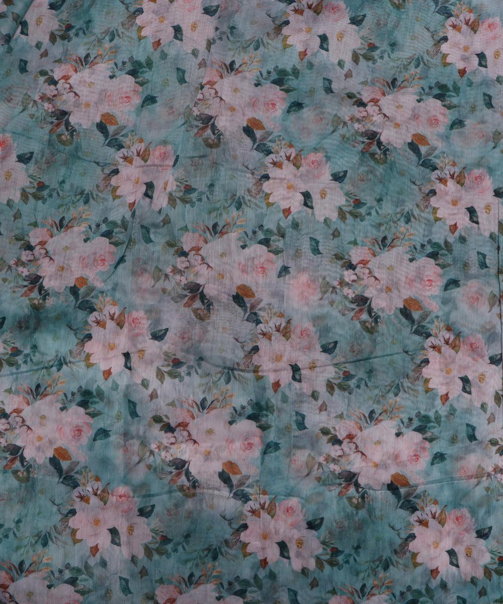 light blue and light pink floral chanderi digital print fabric