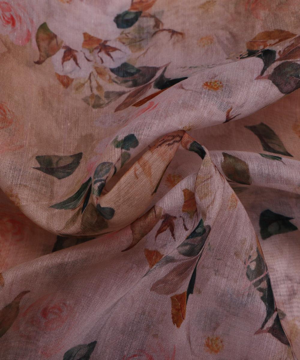white and dark green floral chanderi digital print fabric