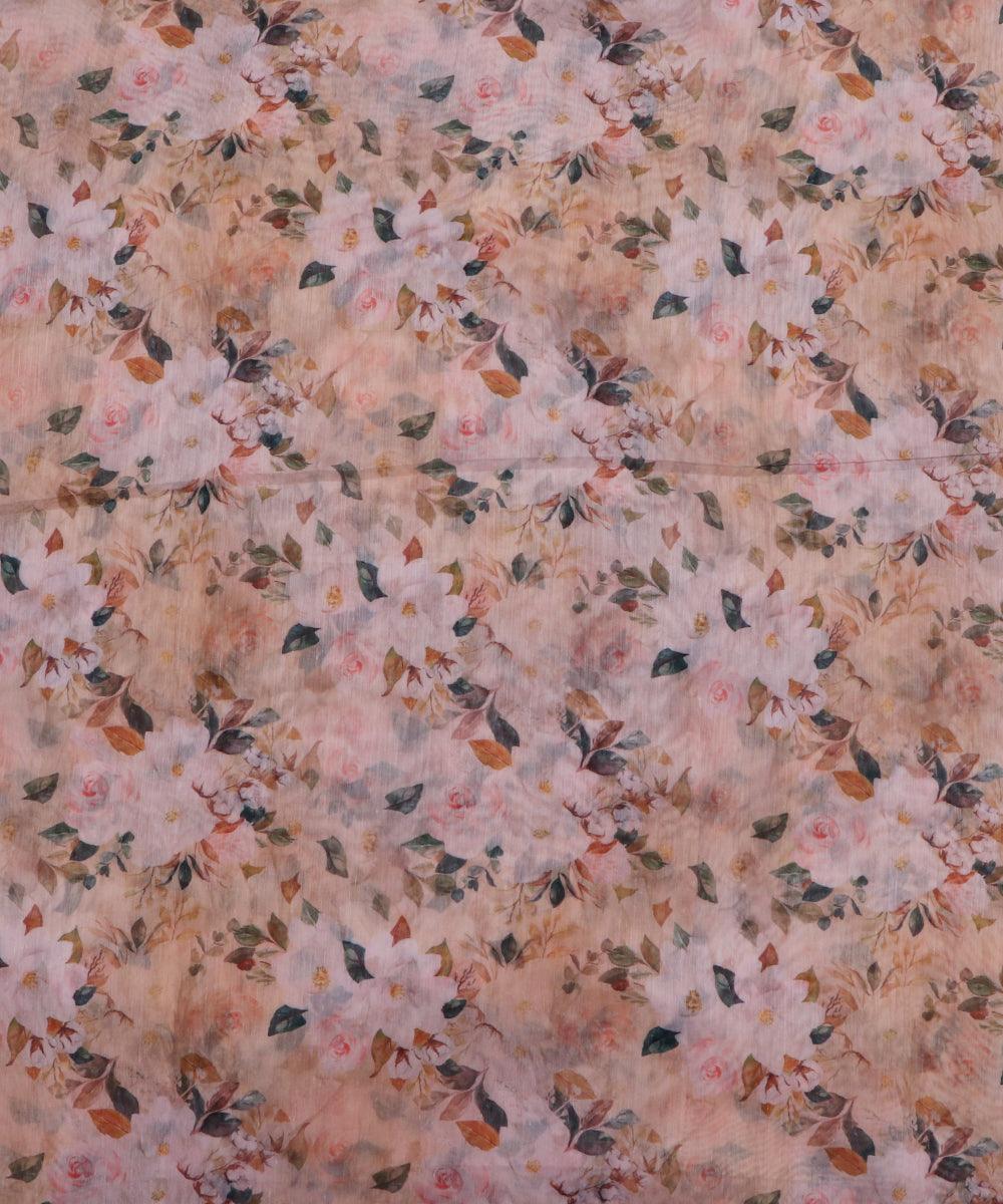 white and dark green floral chanderi digital print fabric