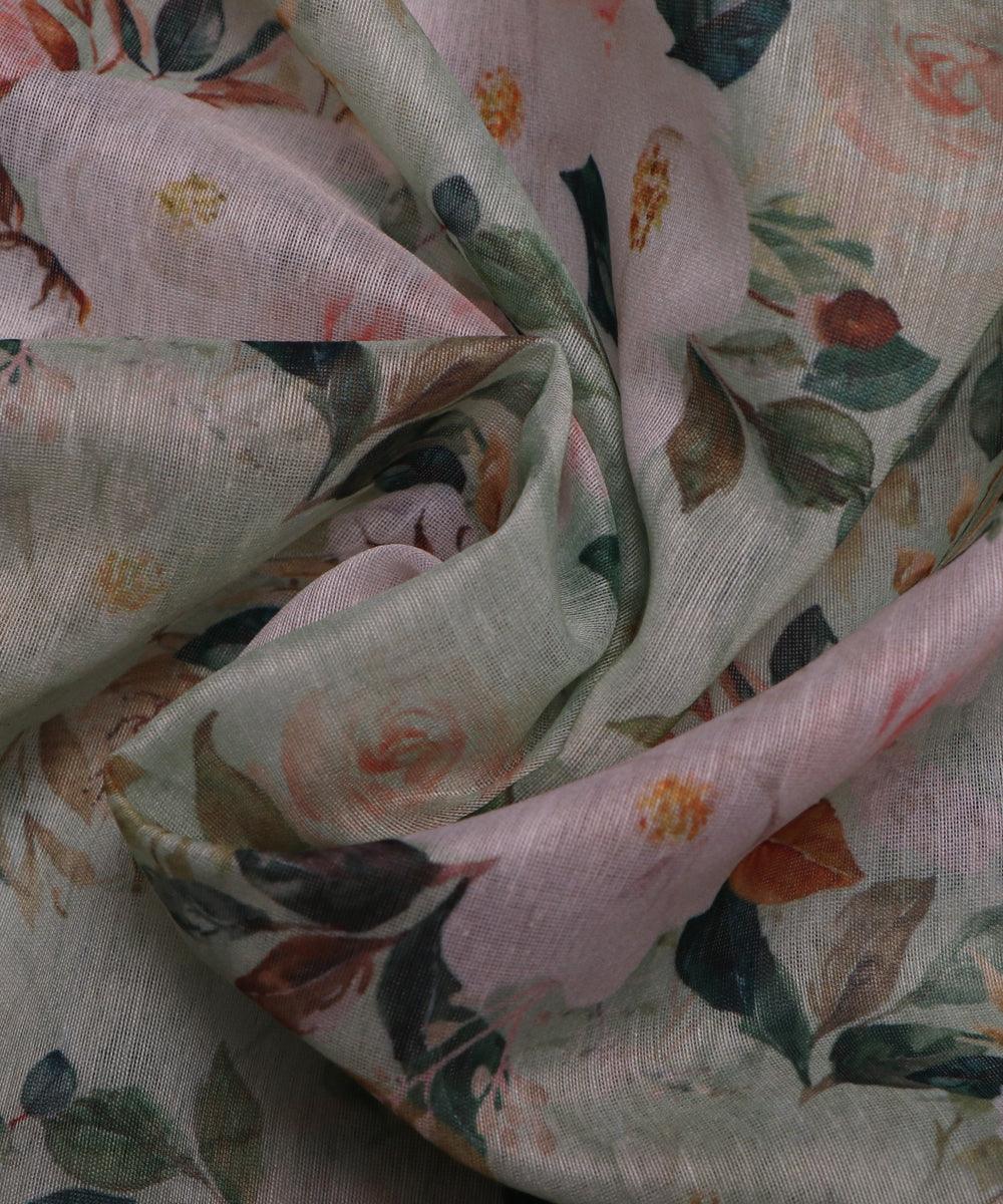 pista green pink and brown floral chanderi digital print fabric
