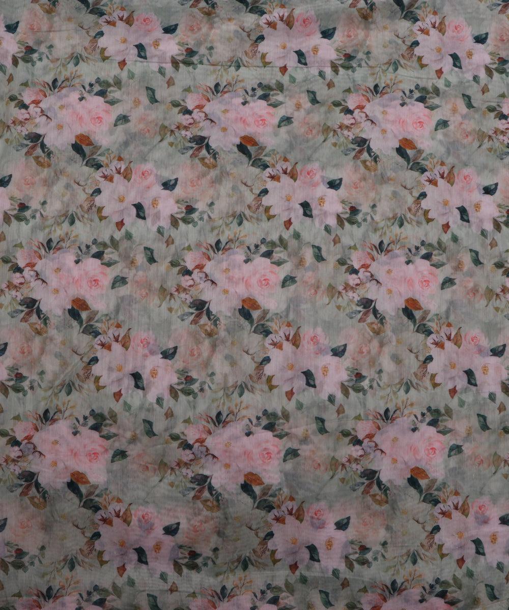 pista green pink and brown floral chanderi digital print fabric