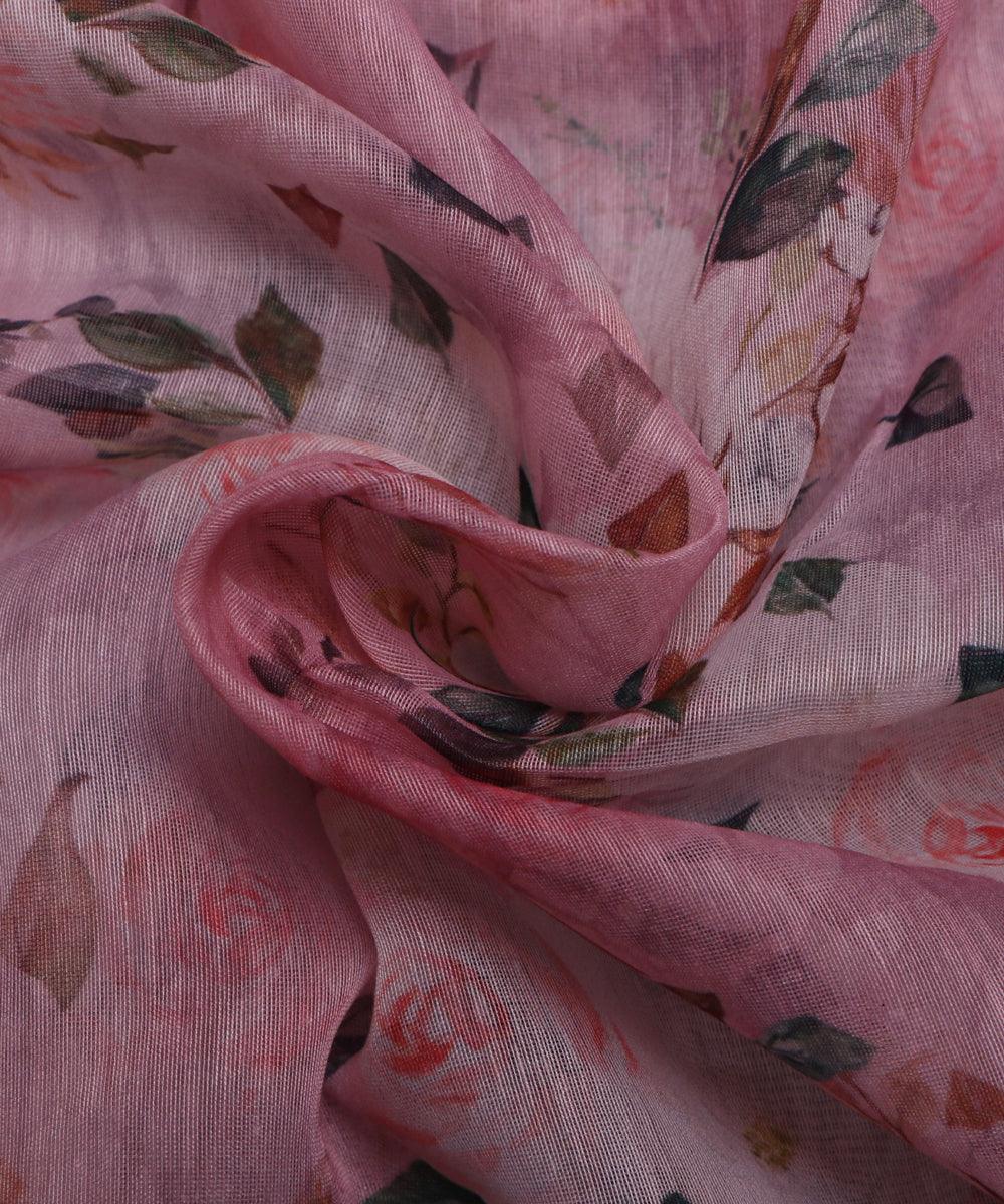 light pink and green floral chanderi digital print fabric