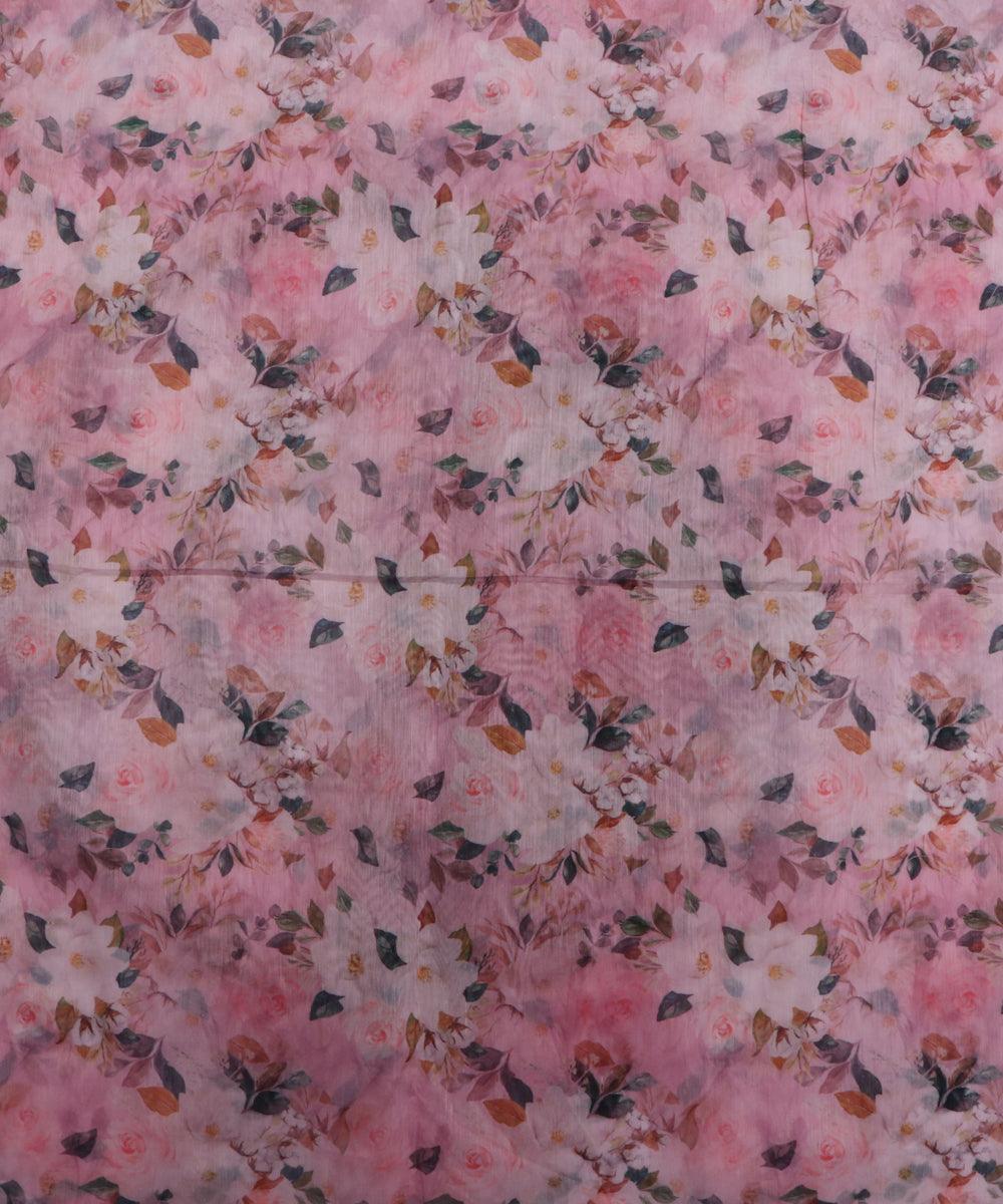 light pink and green floral chanderi digital print fabric
